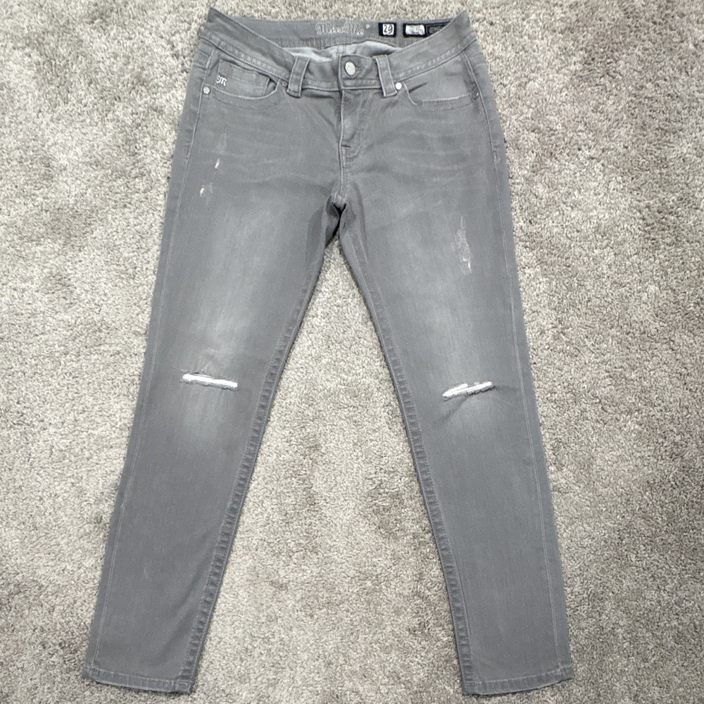 Women's Miss Me Gray Denim Distressed Skinny Jeans Mid Rise Stretch 5-Pocket